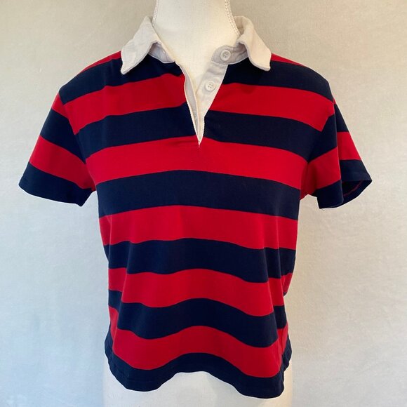 Papaya Crop Top Rugby Short Sleeve Blue and Red. Size Medium (Small) - Picture 1 of 4